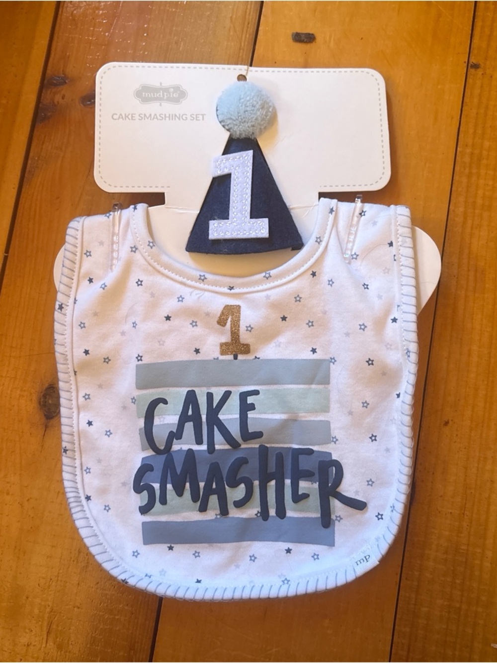 Mud Pie White & Blue 'Cake Smasher' First Birthday Bib with Mini Hat